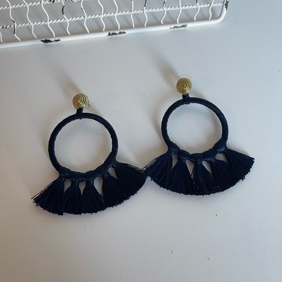 Navy Blue Fringe Wrapped Drop Earrings with Gold Post - Picture 2 of 5